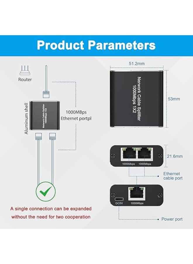مشترك كابل شبكة (إيثرنت) 1 إلى 2 عالي السرعة - 1000 ميجابت/ثانية مع كابل طاقة USB يدعم جميع أنواع الكابلات - Image 2